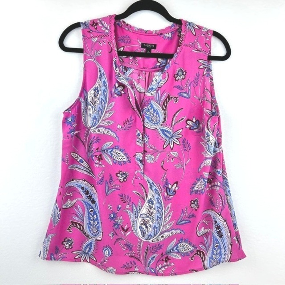 Talbots Blouse Pink Paisley Split Neck Shell Top Women Petite Large LP